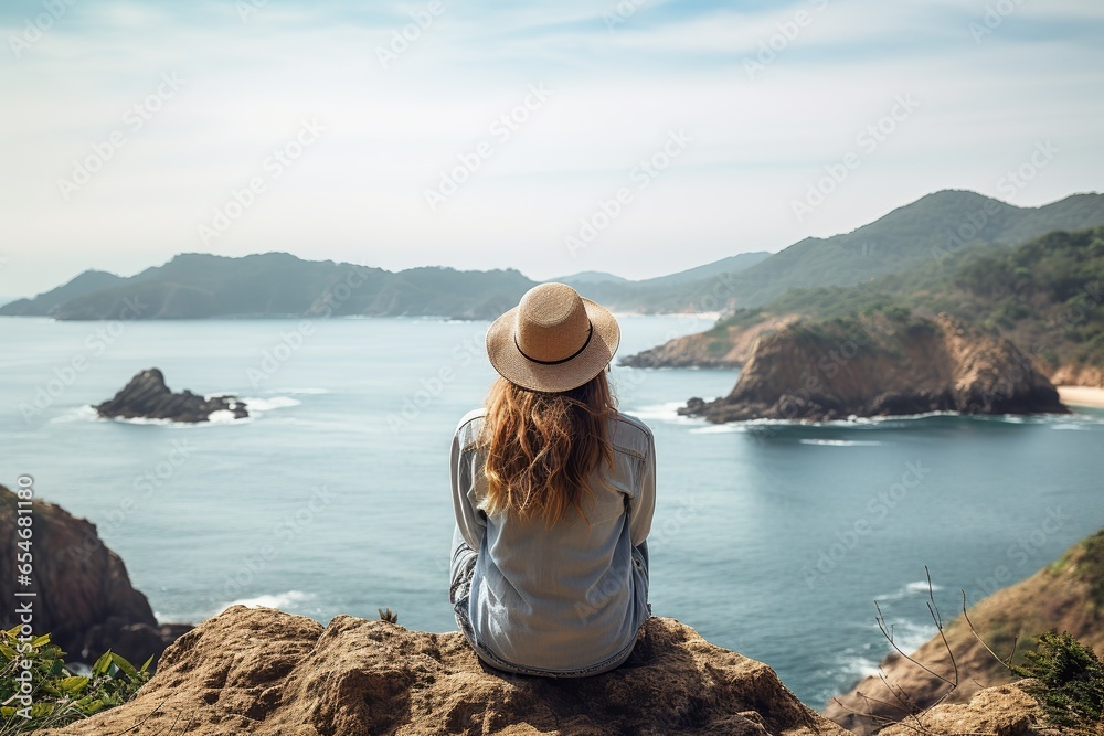 Rear view of traveler girl sitting on the top of the mountain enjoying the beauty of the sea view