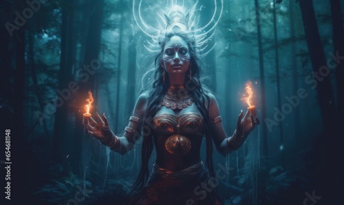 Shaman woman  witch evoking  spirits in a mysterious night forest  Post-processed generative AI, Generative AI  photo