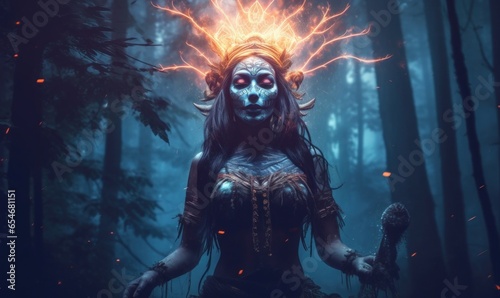 Shaman woman witch evoking spirits in a mysterious night forest Post-processed generative AI, Generative AI 