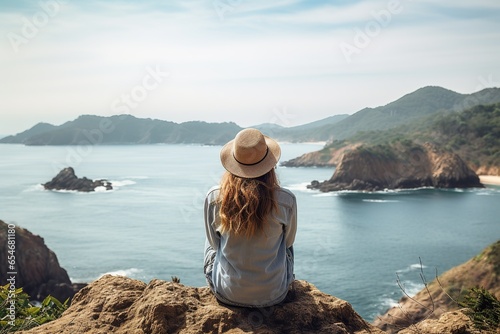 Rear view of traveler girl sitting on the top of the mountain enjoying the beauty of the sea view © boxstock production