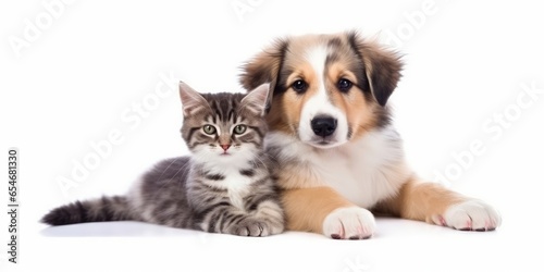 Puppy dog and cute kitten lie together. isolated on white background. PNG. Two puppies. Post-processed generative AI, Generative AI 