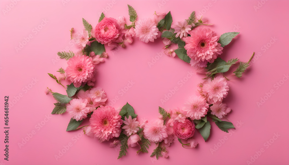 Flowers composition. Wreath made of pink flowers on pink background. Flowers composition. Wreath made of pink flowers on pink background.