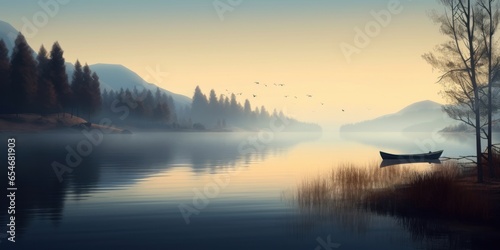 Quiet lake before dawn in the mist. Serenity. digital art, Generative AI 