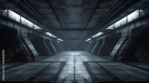 Dark tiled corridor in sci-fi underground gallery photo