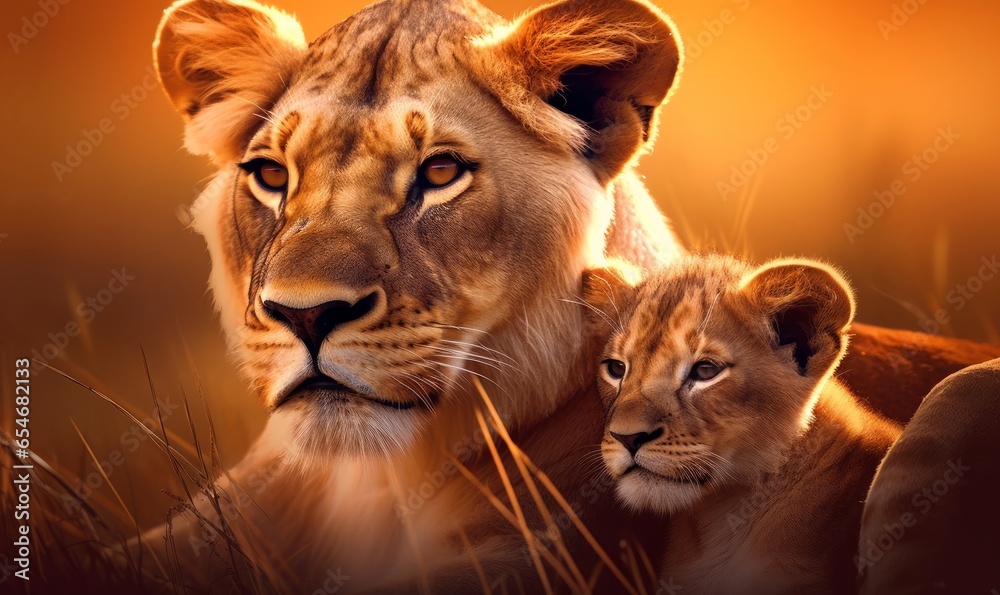 Lioness mother with her lion cub. mother love concept Digital ai art, Generative AI 