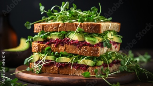 Vegan sandwich with beet, cheese, avocado and arugula