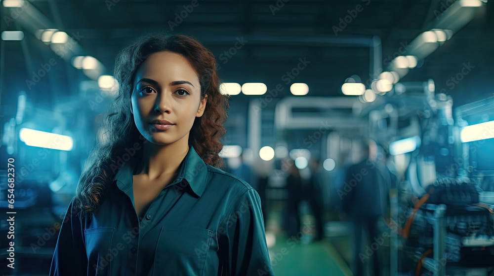 Obraz premium Professional engineering, worker, woman quality control, maintenance, check in factory, warehouse workshop for factory operators. Generative Ai