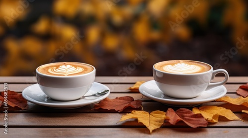 Cup of coffee on cafe table street view with fall autumn leaves