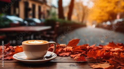 Cup of coffee on cafe table street view with fall autumn leaves