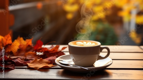 Cup of coffee on cafe table street view with fall autumn leaves