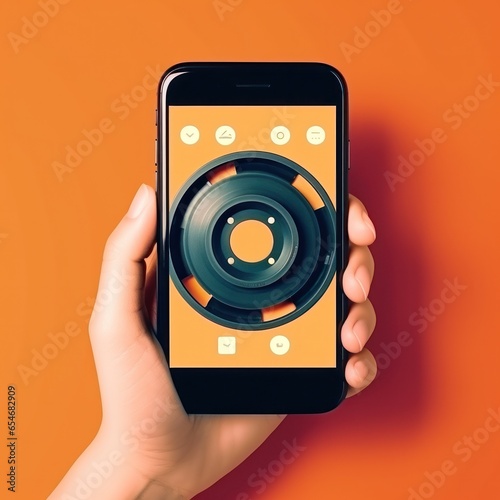 Hands holding smartphone with film app icon