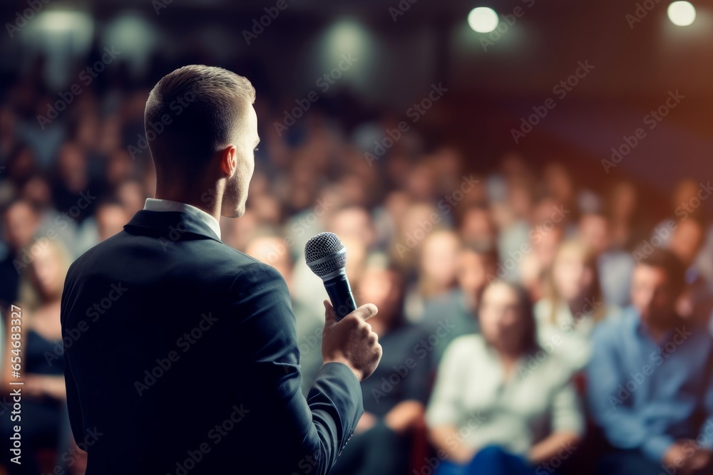 Motivational speaker with microphone performing on stage, in background people sitting in hal. Digital ai art, Generative AI  - obrazy, fototapety, plakaty 