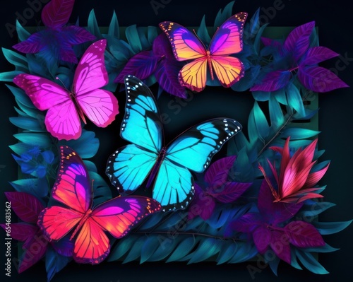 Tropical leaves   exotic flowers and neon butterflies frame. Exotic botanical design for cosmetics  spa  perfume  beauty salon  travel agency  florist  Generative AI 