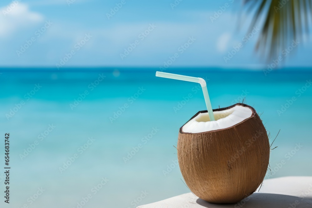 Coconut cocktail beverage straw beach. Martini bar. Generate Ai Coconut cocktail beverage straw beach. Martini bar. Generate Ai