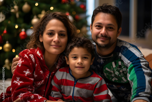 Happy Latin family in pajamas in front of a blurred Christmas tree decorated with lights and ornaments