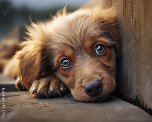 Photography of a dog lying on a wooden board, closeup shot of a dog head and paws, portrait