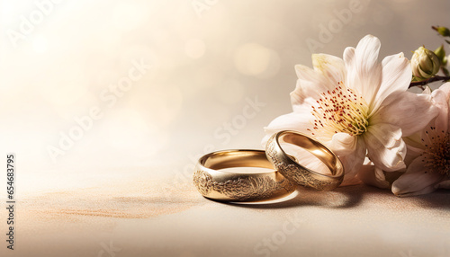 two wedding rings and flowers photo