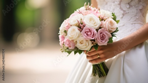 bride holding bouquet of roses  wedding close-up outdoors