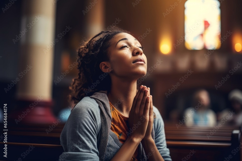 Young woman praying to god in church. Faith in religion and belief in God. Power of hope or love and devotion, Generative AI  - obrazy, fototapety, plakaty 