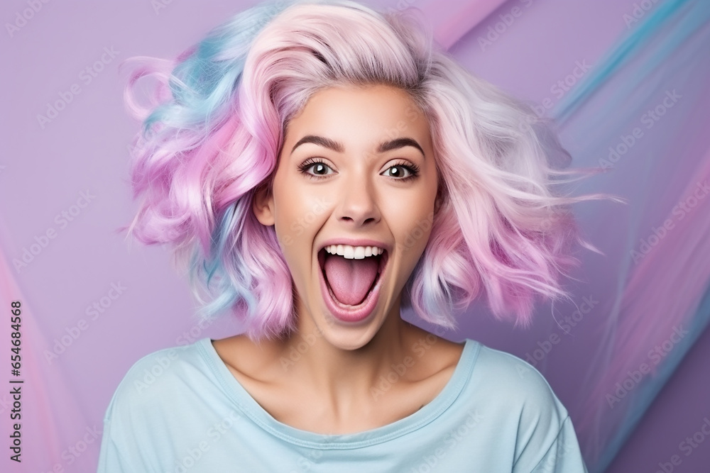 A happy young woman with colored hair and a smartphone in her hands laughs and screams with joy A happy young woman with colored hair and a smartphone in her hands laughs and screams with joy