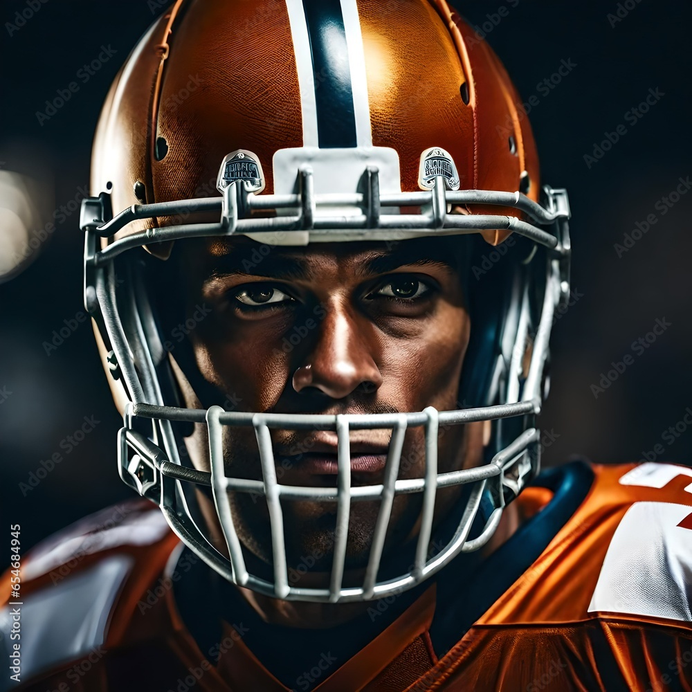 A closeup view of a masculine aggressive serious american football player wearing a football helmet and uniform.