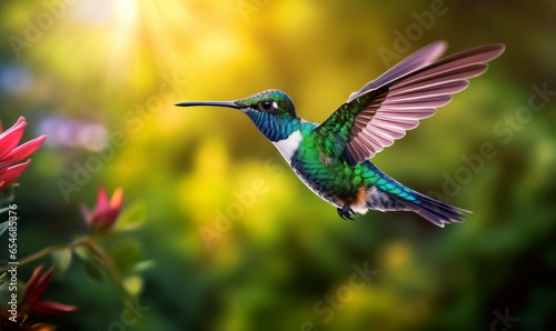 Flying hummingbird with green forest in background. Small colorful bird in flight. Post-processed, Generative AI