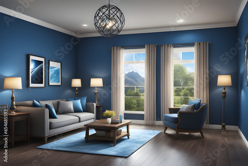 Living Room with Blue Walls and a Blue Rug © AppzyLabs