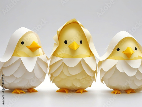 Easter chicks in origami style isolated on a white background. Easter eggs and chickens made of paper on a white background.