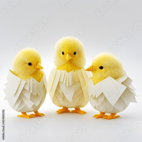 Easter chicks in origami style isolated on a white background. Easter eggs and chickens made of paper on a white background.