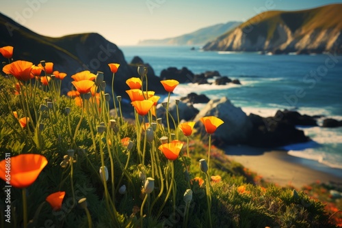 A beautiful craggy coastline with California Poppies. Post-processed digital AI art, Generative AI  photo