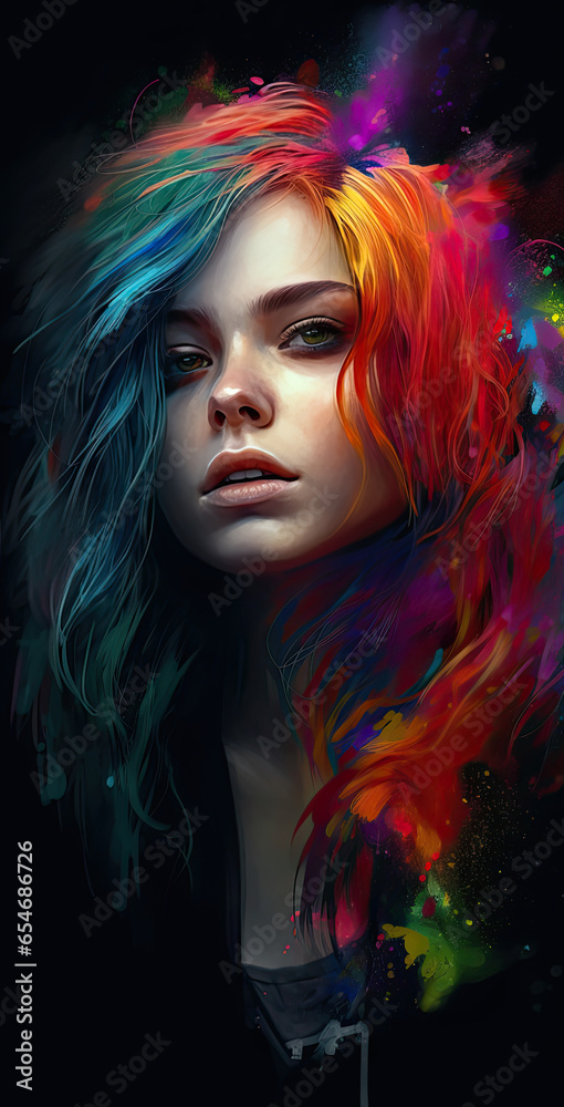 A Woman with Bright Colored Hair, Painted in a Digital, Rainbowcore, Trace Monotone Style A Woman with Bright Colored Hair, Painted in a Digital, Rainbowcore, Trace Monotone Style