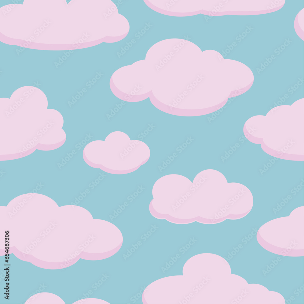 Cute pastel cloud seamless vector pattern. Pink cartoon clouds on a sky blue background.