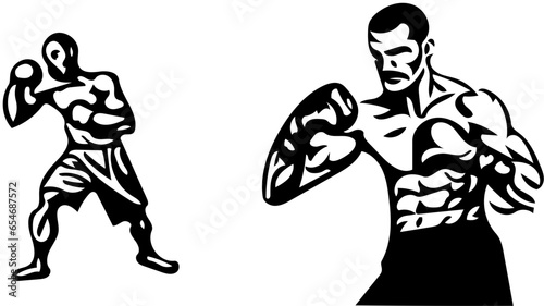 Boxer vector illustration in black color, sportsman drawing, boxing gloves