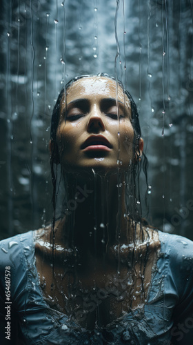 woman  upper body  facing viewer  replace hair with water splashing on shoulders  ai generated.