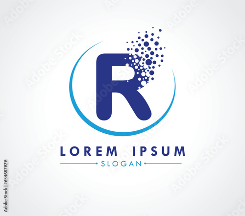 R Logo design with dispersing effect isolated on white background. Vector Illustrator.