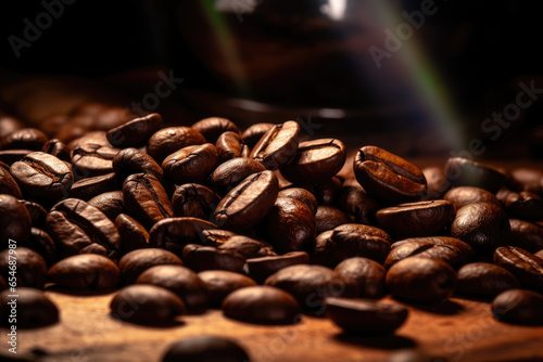 close up shot of coffee beans on the table, ai generated.