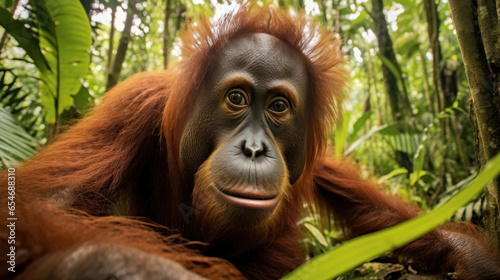 tête de singe Orang-outan en gros plan dans la foret tropicale