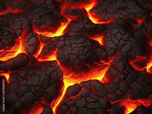 Hot glowing lava closeup background, black orange heat design, top view