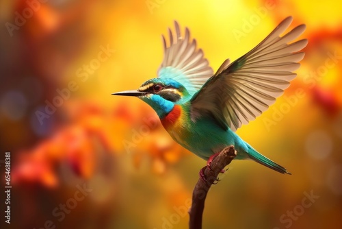 Colorful exotic bird fly. Forest landscape blured background. Digital ai art, Generative AI 