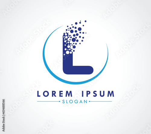 L Logo design with dispersing effect isolated on white background. Vector Illustrator.