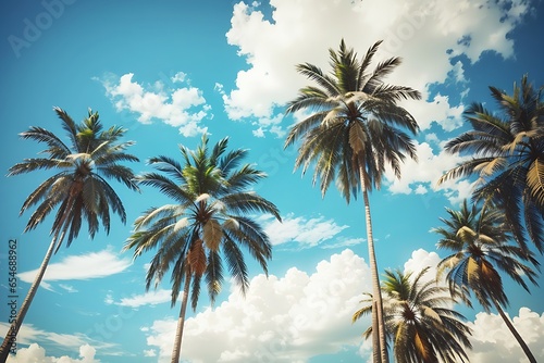 Blue sky and palm trees view from below  vintage style  tropical beach and summer background  summer