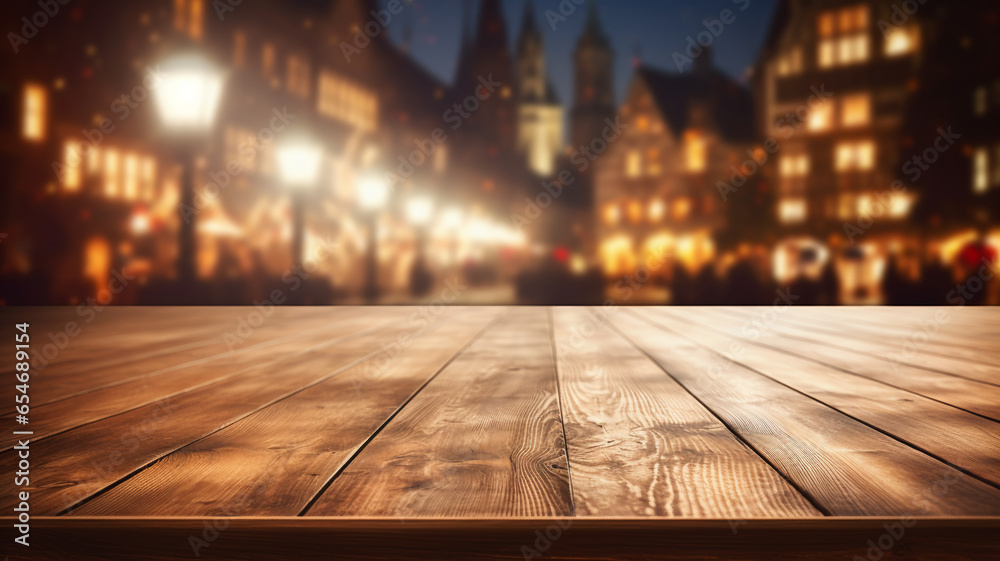 Empty rustic wooden table with european architecture city old classic building, blurred bokeh lights background romantic atmosphere. Empty rustic wooden table with european architecture city old classic building, blurred bokeh lights background romantic atmosphere.