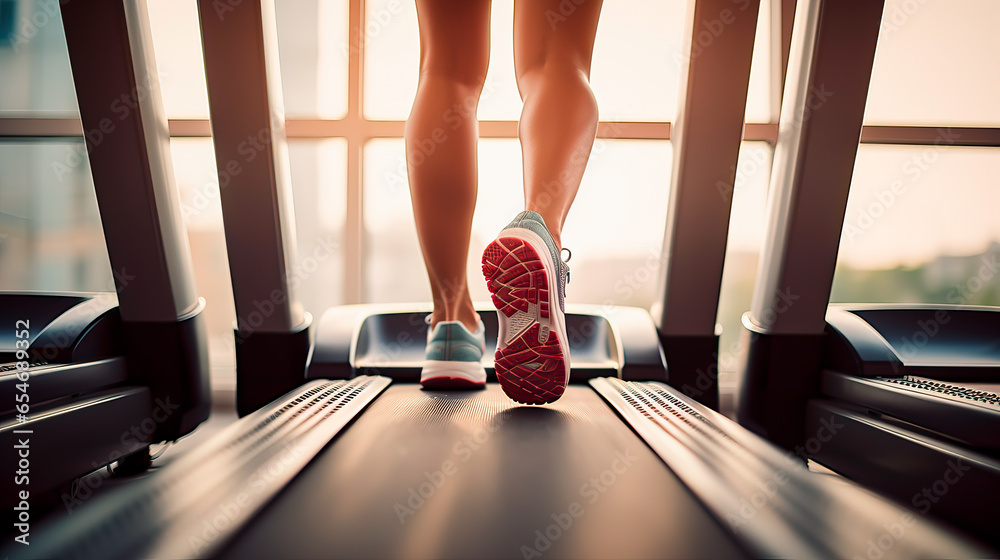 Running on a treadmill, low angle shoot of feet as they run on a treadmill in a gym. Soft light