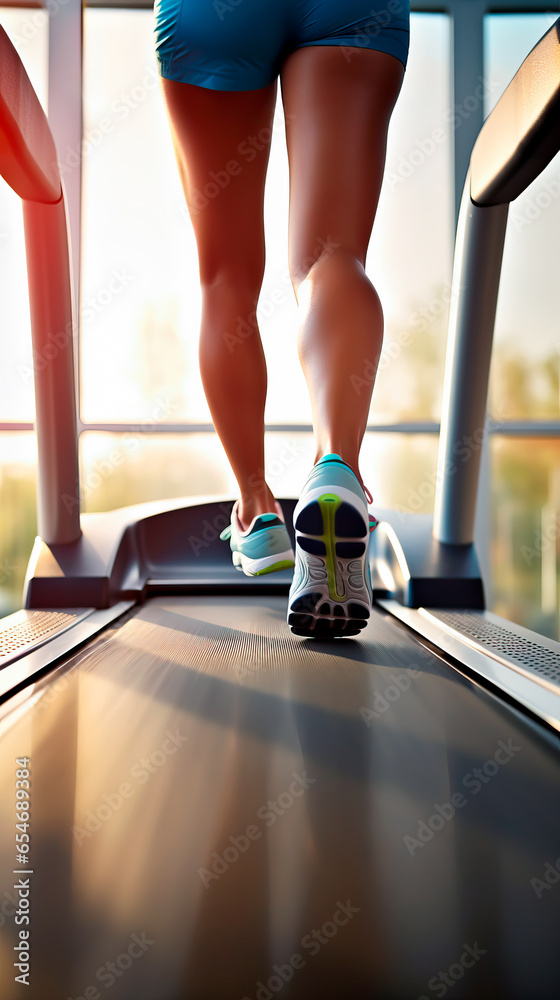 Running on a treadmill, low angle shoot of feet as they run on a treadmill in a gym. Soft light