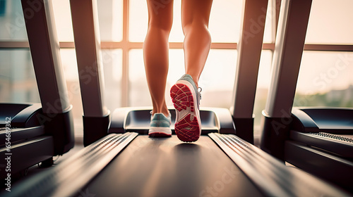 Fényképezés Running on a treadmill, low angle shoot of feet as they run on a treadmill in a gym