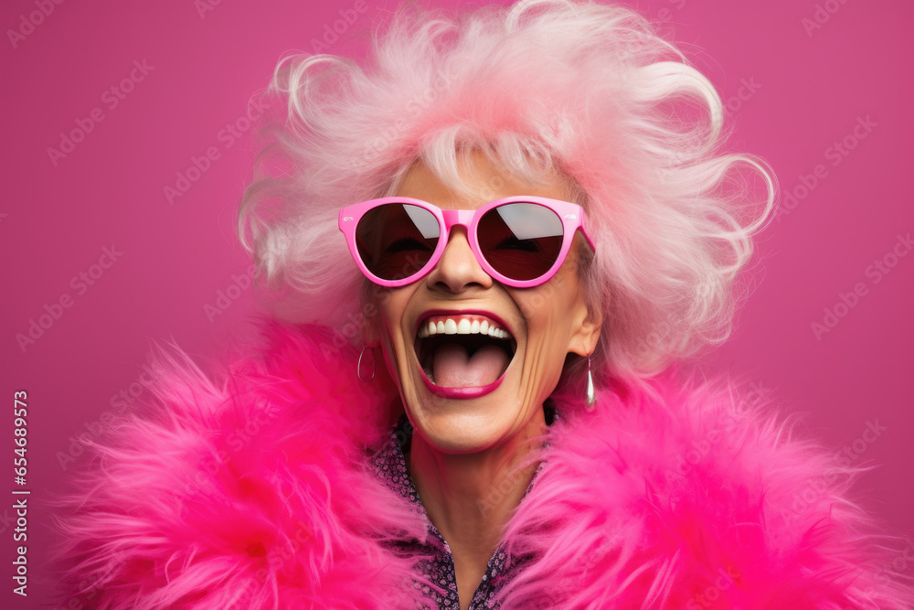 cheerful and funny happy old woman in vivid shine pink background cheerful and funny happy old woman in vivid shine pink background