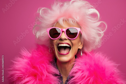 cheerful and funny happy old woman in vivid shine pink background