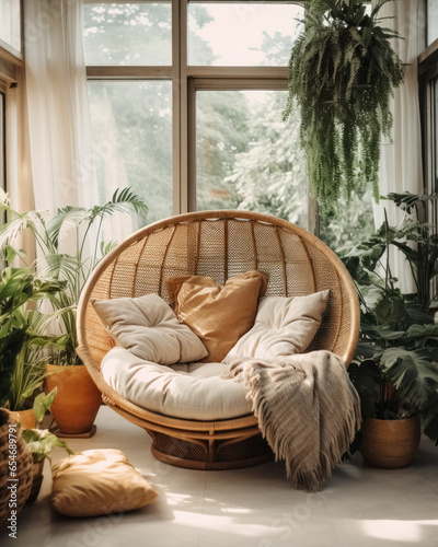 Cushion and blanket on empty wicker rattan armchair in boho style, cozy interior of living room with plants and window.  © Balica