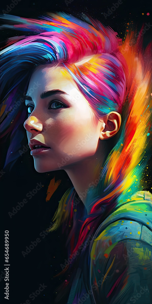 Fototapeta premium A Woman with Bright Colored Hair, Digitally Painted in a Rainbowcore Style