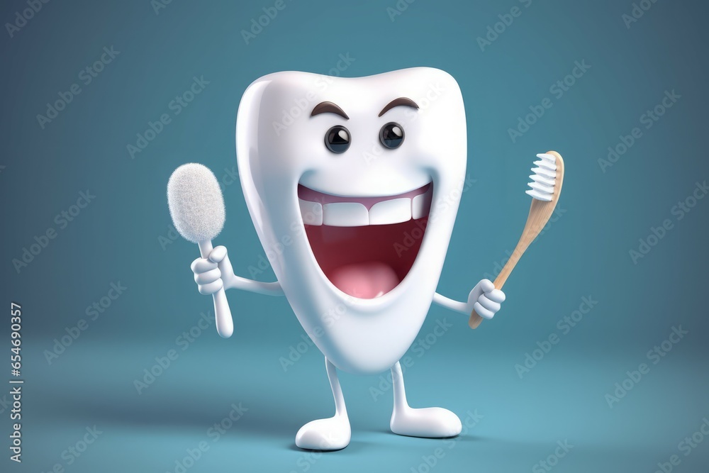 Fototapeta premium Tooth white character. Strong oral clinic. Generate Ai